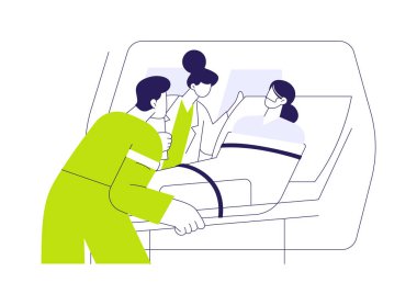 Hasta taşımacılığı soyut konsept vektör çizimi. Ambulans makinesinde sağlık görevlileri tarafından alınan kadın, acil tıbbi hizmetler, hastaneye gitmek, sağlık sektörü soyut metaforu.