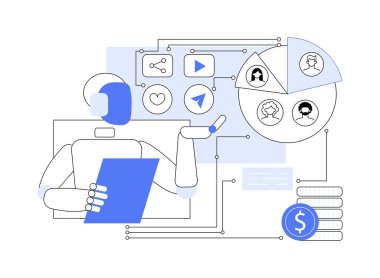 Al-Driven İçerik Kişiselleştirme soyut konsept vektör çizimi. Yapay zeka pazarlama içeriğini kişiselleştirme, kullanıcı bağlantısını geliştirme, soyut metaforlar yaratma.