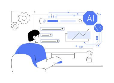 Al-Power SEO optimizasyonu soyut konsept vektör çizimi. AI anahtar sözcükler öneriyor, arama sıralamalarını iyileştirin, SEO stratejilerini optimize edin, içerik optimizasyonunu, web görünürlüğü soyut metaforunu.