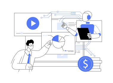 AI-Geliştirilmiş Video Pazarlama Analitikleri soyut konsept vektör çizimi. Video performansını ve pazarlamasını analiz eden yapay zeka, içgörü, içerik analizi, bağlılık ölçümleri, soyut metafor.