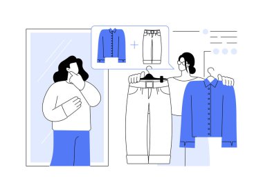 Kişiselleştirilmiş görünüm izole edilmiş çizgi film çizimleri oluştur. Kişisel stilist, galeri, moda tasarımı, profesyonel insanlar, kapsül giysi vektör karikatürü istemcisi için görünüm oluşturun.