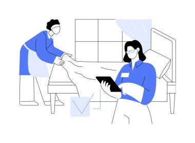 Otel yönetimi karikatür vektör çizimlerini izole etti. Gülümseyen otel müdürü kontrol odası, konukseverlik işi, profesyonel temizlik yönetimi, konukseverlik sektörü çizgi filmi.