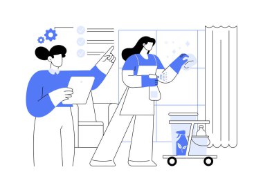 Otel çalışanları izole edilmiş çizgi film çizimleri eğitiyorlar. Otel müdürü eğitim personeli, konukseverlik işi, profesyonel insanlar, otel servisi, oda yönetimi yönetim vektör karikatürü.