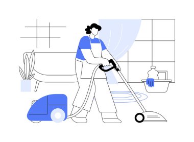 Oda servisi karikatür vektör çizimlerini izole etti. Temizlik şirketinden bir kadın odayı süpürüyor, kamu hizmeti sektörü, profesyonel insanlar, ev idaresi müdürü vektör karikatürü..