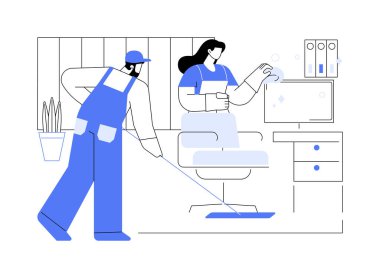 Ofis temizleme servisi karikatür vektör çizimlerini izole etti. Hizmetçiler birlikte ofisi temizler, temizlik yapar, yerleri paspaslar, kamu hizmetleri sektörü, profesyonel insanlar çizgi film çizer..