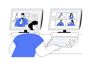 TV editörü karikatür vektör çizimlerini izole etti. TV editörü televizyon stüdyosunda vizyon karıştırıcı, profesyonel gazetecilik sektörü, zaman kontrol süreci vektör karikatürü yayınlama.