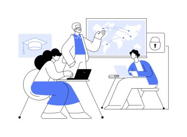 Siber güvenlik, karikatür vektör çizimlerini izole etti. Bir grup bilişim öğrencisi, öğretmenden, yüksek öğrenimden, lisans diplomasından, devlet üniversitesi vektör karikatüründen siber güvenlik dersi alıyorlar..