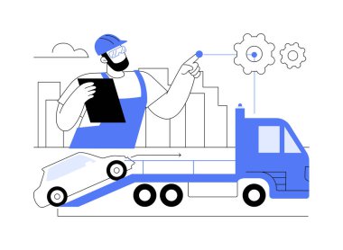 Yol yardımı karikatür vektör çizimlerini izole etti. Çekici servisinde çalışan adam, yol yardımı küçük işletme, araç acil durum yardımı, arıza vektör karikatürü.