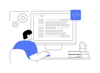 Yazılım geliştiricisi karikatür vektör çizimlerini izole etti. Gülümseyen programcı yazılım, kodlama süreci, uygulama geliştirme, bilişim sektörü, serbest çalışan pozisyon vektör karikatürü yaratıyor.