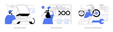 İzole edilmiş çizgi film vektör çizimleri ayarlandı. Garajda araba tamir eden profesyonel bir tamirci, parçaları kontrol eden adam, motosiklet bakım servisi, küçük işletme vektör karikatürü.