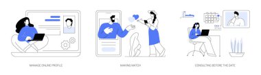 Online tarih danışmanı karikatür vektör çizimleri ayarlandı. Müşteri profili yönetiliyor, çekici bir kişilik yaratılıyor, uygulamayla eşleşiyor, tarih vektör karikatüründen önce danışmanlık yapılıyor.