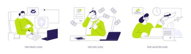 Çalışanlar soyut konsept vektör illüstrasyon setinden faydalanır. Ücretli aile izni, hastalık izni, yıllık tatil yardımları, hamilelik tazminatı için soyut metafor başvurusu.