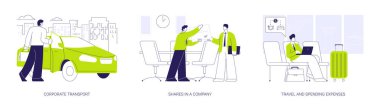 Şirket çalışanları için finansal faydalar soyut konsept vektör illüstrasyon seti. Şirket taşımacılığı, şirket hisseleri, seyahat ve harcama giderleri, iş gezisi, şirket kuralları soyut metafor.