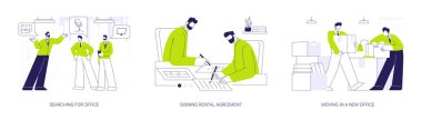 Ofisin soyut konsept vektör illüstrasyon setini kiralayın. Ofis aramak, kira sözleşmesi imzalamak, yeni bir ofise taşınmak, emlakçılık yapmak, simsar soyut metaforuyla tanışmak..