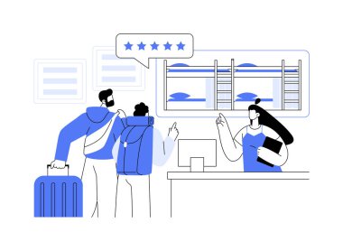 İzole edilmiş karikatür vektör çizimleri. Genç bir çift pansiyona, yurt odasına, konukseverlik işine, seyahat eden gezginlere, konuk evi vektör karikatürüne geliyorlar..