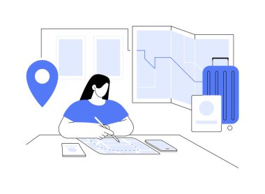 İzole edilmiş çizgi film vektör çizimleri oluştur. Seyahat planlayıcısı harita, seyahat servisi, eğlence endüstrisi, konukseverlik iş vektör karikatürü kullanarak gezinin varış yerini araştırıyor..