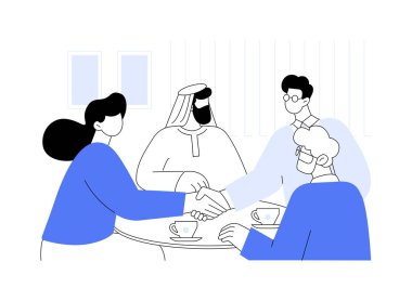 Müşteriyle tanışmak karikatür vektör çizimlerini izole etti. Reklam ajansı çalışanları çeşitli müşterilerle tanışıyor, ticari pazarlama, marka tanıtım stratejisi, profesyonel servis vektör karikatürü.