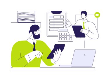 Uzaktan muhasebeci soyut konsept vektör çizimi. Muhasebeciyle konuşan iş adamı dizüstü bilgisayar, dijital pazarlama hizmetleri, reklam ajansı, online muhasebe soyut metaforu.