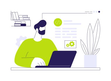 Yazılım geliştiricisi soyut konsept vektör çizimi. Evden dizüstü bilgisayarla çalışan gülen yazılım geliştiricisi, bilişim sektörü, uzak iş, serbest çalışan dijital göçebe soyut metafor.