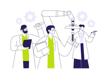 Bilimsel araştırma soyut konsept vektör illüstrasyonunu iste. Laboratuvarda çok ırklı araştırmacılar, ürün sürecini başlatma, klinik uzmanlık, tıbbi ekipmanlar soyut metafor.