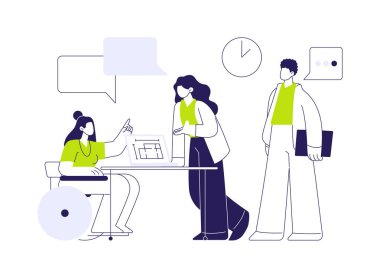 İş yerindeki soyut konsept vektör illüstrasyonunda yer alma. Tekerlekli sandalyedeki çalışanlar, çeşitlilik içeren çalışma ortamı, insan kaynakları, kelle avcılığı ajansı, kariyer soyut metaforu..