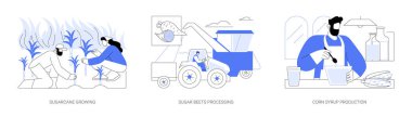 Sugar production isolated cartoon vector illustrations set. Sugarcane growing, crop cultivation, farmer processing sugar beets, corn syrup making process, agribusiness worker vector cartoon.