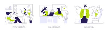 Başlangıç fonu soyut konsept vektör çizimi seti. Girişim hızlandırıcı, küçük işletme kredisi, iş meleği, para toplamak için bir akıl hocası bulmak, girişimci soyut metaforuna maddi yardım.