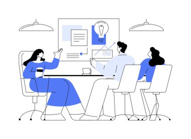 Karikatür vektör çizimlerini izole eden bir ekiple beyin fırtınası. Bilişim şirketi geliştiricileri yeni fikirler üretiyor, bilgi teknolojisi endüstrisi, ofis vektörü karikatüründe toplanan meslektaşlar..