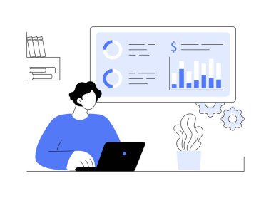 İzole edilmiş karikatür vektör çizimleri toplanıyor. Adam verileri laptop, iş araştırmaları, bilişim şirketi, yeni strateji geliştirme, bilgi teknolojisi vektör karikatürü kullanarak analiz eder..