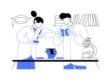 Tarih karikatür vektör çizimlerini izole etti. Bir grup üniversite öğrencisi laboratuvarda antika çömlekleri yeniden yapılandırıyor, tarihle, devlet üniversitesiyle ilgileniyorlar, araştırma vektörü karikatürü yapıyorlar..