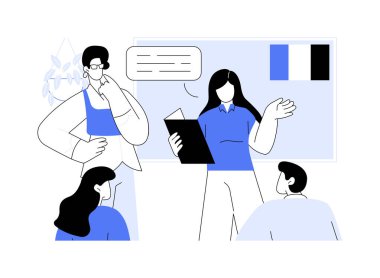 Fransız karikatür vektör çizimleri. Fransızca, diyalog ve sözlü iletişim becerileri, mevcut bilgiler, yabancı dil vektör karikatürü öğrenen bir grup dil öğrencisi.