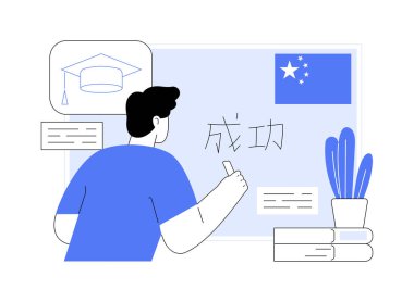 Çin karikatür vektör çizimleri. Genç sendika öğrencisi tahtaya Çince semboller yazıyor, yüksek öğrenim, iletişim becerileri, çeviri vektörü karikatürü yapıyor.