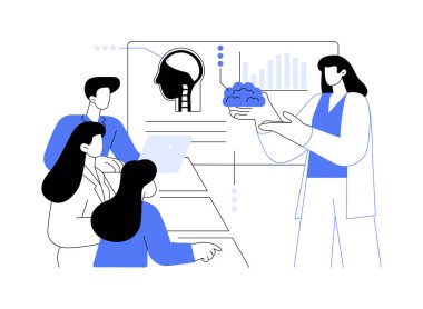 Anatomi dersi karikatür vektör çizimlerini izole etti. Bir grup tıp öğrencisi anatomi teorisi öğreniyor, beyin modeli ellerinde, yüksek öğrenim, hemşire pratisyen vektör karikatürü.