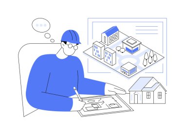 İnşaat mühendisliği karikatür vektör çizimlerini izole etti. Üniversite öğrencisi inşaat mühendisliği modelleri çiziyor, yüksek öğrenim, yüksek lisans, genç mimar, devlet üniversitesi vektör karikatürü.