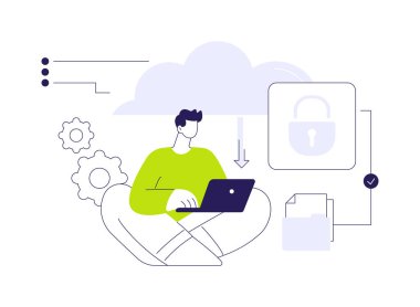 Güvenli çizme soyut konsept vektör çizimi. Dizüstü bilgisayarı olan adam güvenli bot protokolü, akıllı şehir güvenliği, IOT fikri, şeylerin interneti, modern teknoloji soyut metaforu ile ilgilenir..