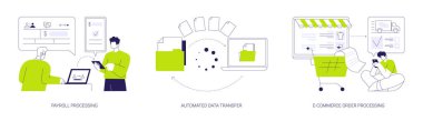 Otomatik iş süreçleri soyut konsept vektör çizimi seti. Maaş otomasyon yazılımı, ödeme, veri transferi, dosya değişimi, e-ticaret siparişi soyut metafor işleme.