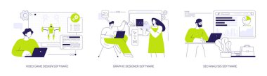 Profesyonel yazılım soyut konsept vektör çizimi seti. Video oyunu tasarımı ve geliştirilmesi, grafik tasarım yazılımı, logo oluşturulması, profesyonel SEO analizi, pazarlama aracı soyut metafor.