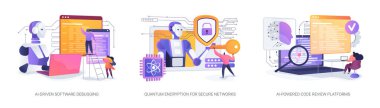 Yapay zeka ve Kuantum Güvenlikli Dijital Yenilik soyut konsept vektör çizimi. Hızlı hata düzeltmeleri, kırılamaz kuantum şifrelemesi ve yapay zeka araçlarıyla etkili kod iyileştirmeleri. soyut metafor.