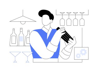 Mükemmel bir kokteyl izole edilmiş karikatür çizimi. Güzel barmen el sıkışıyor ve kokteyl yapıyor, içecek hazırlıyor, insanların yaşam tarzı vektör karikatürü çiziyor..
