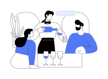 Şarap tatma, karikatür vektör çizimleri. Profesyonel şarap garsonu çifte şarap sunar, restoranda alkol içer, insanların yaşam tarzı, bir bar vektör karikatüründe eğlence..