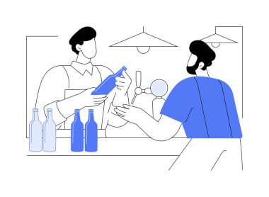 Bira seçimi karikatür vektör çizimlerini izole etti. Bira uzmanı müşteri için bira seçiyor, alkol şişesi tutuyor, bar vektör karikatüründe çeşitli içecekler tutuyor..