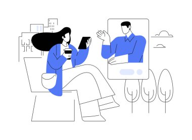 Arkadaşları aramak karikatür vektör çizimleri. Güzel kız şehir parkında oturan arkadaşlarını arıyor, şehir yaşam tarzını, internetteki insanlarla konuşmayı, alet kullanım vektör karikatürünü....