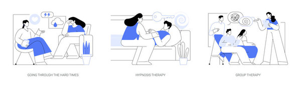 Emotional wellbeing isolated cartoon vector illustrations set. Crying woman sharing problems with therapist, hypnosis session, group therapy, discuss mental problems, rehabilitation vector cartoon.