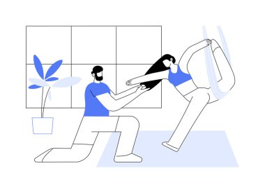 Hava yogası karikatür vektör çizimlerini izole etti. Genç kız spor salonunda eğitmenle pilates yapıyor, esneme egzersizleri, hava yogası eğitimi, anti yerçekimi kondisyon karikatürü..