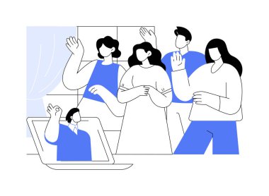 Grup sohbeti izole edilmiş çizgi film vektör çizimleri. Gülümseyen insanlardan oluşan bir grup uzak arkadaşlarına bilgisayarlı, çevrimiçi iletişimli, uzaktan sohbet eden vektör karikatürü ile bir video görüşmesi yapar..