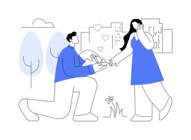 İzole edilmiş karikatür vektör çizimleri yapıyorum. Erkek kız arkadaşına evlenme teklif eder, nişan yüzüğü takar, insanların yaşam tarzı, romantik bir ilişki, evlilik vektör karikatürüne hazır ol..