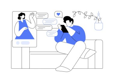 Flört uygulamasında sohbet etmek karikatür vektör çizimlerini izole etti. Gülümseyen bir adam akıllı telefon, romantik ilişki, sanal iletişim kullanarak bir mesaj vektör karikatürü gönderir..