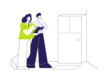 İç mimariye danışmanlık, soyut konsept vektör çizimi. Müşteri içi tasarımcıyla boş alanda konuşuyor, özel ev projesi tartışması, onarım hizmeti soyut metafor.