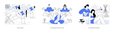 Wellbeing tour isolated cartoon vector illustrations set. Diverse people practice yoga outdoors in nature, vipassana meditation, mindfulness, ayurveda retreat, wellness hotel vector cartoon.