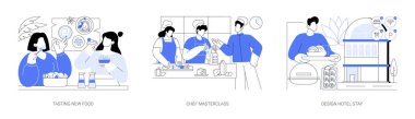 Gastronomy tour isolated cartoon vector illustrations set. Tasting new food, gastronomic experience, try traditional cuisine, chef masterclass, cooking lesson, stay in design hotel vector cartoon.